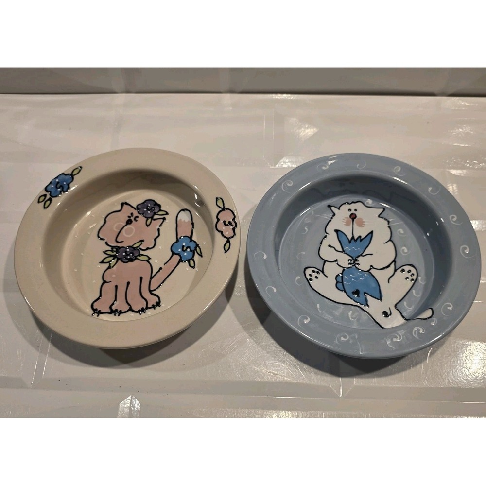 Pink & White Cat ceramic bowls licenced Rosenthal Represents 2002 Debby Carman